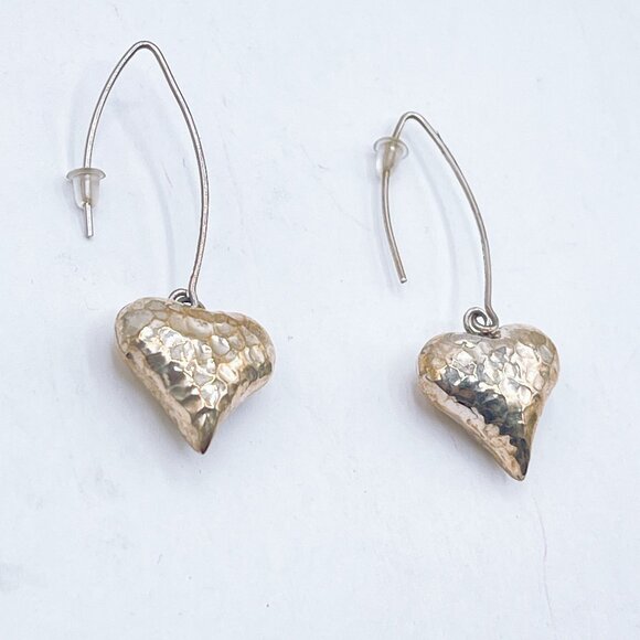 925 Silver Hammered Heart Shape Drop Earrings - Picture 1 of 6